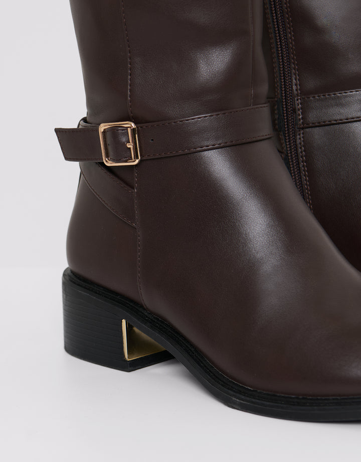 Threadbare Faux Leather Riding Boots in Chocolate Brown - close up