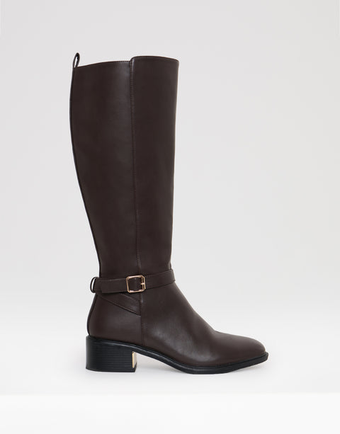 Threadbare Faux Leather Riding Boots in Chocolate Brown - side view