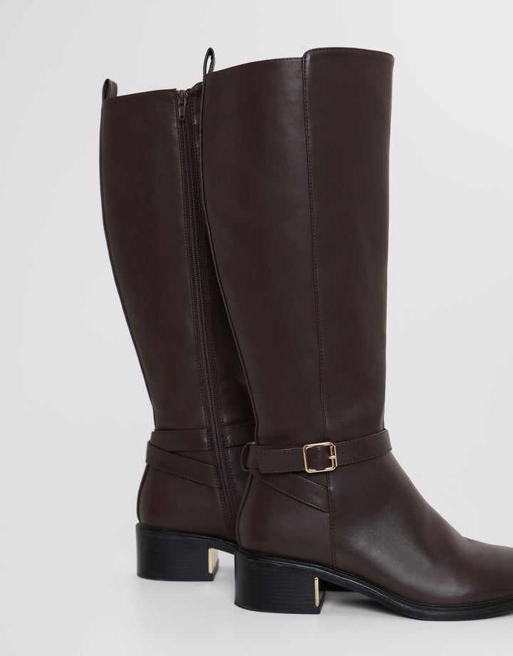 Threadbare Faux Leather Riding Boots in Chocolate Brown - both view