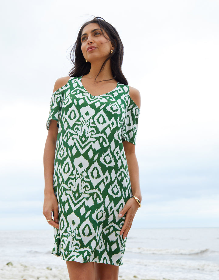 Green Ikat Print Cold Shoulder Shift Dress