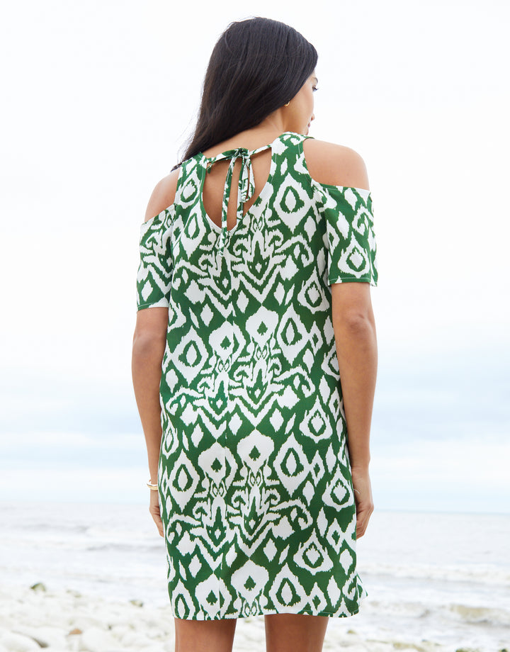 Green Ikat Print Cold Shoulder Shift Dress