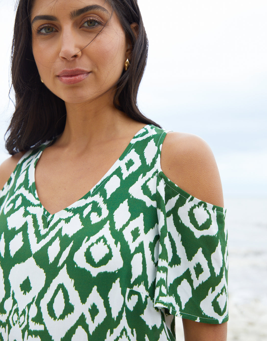 Green Ikat Print Cold Shoulder Shift Dress