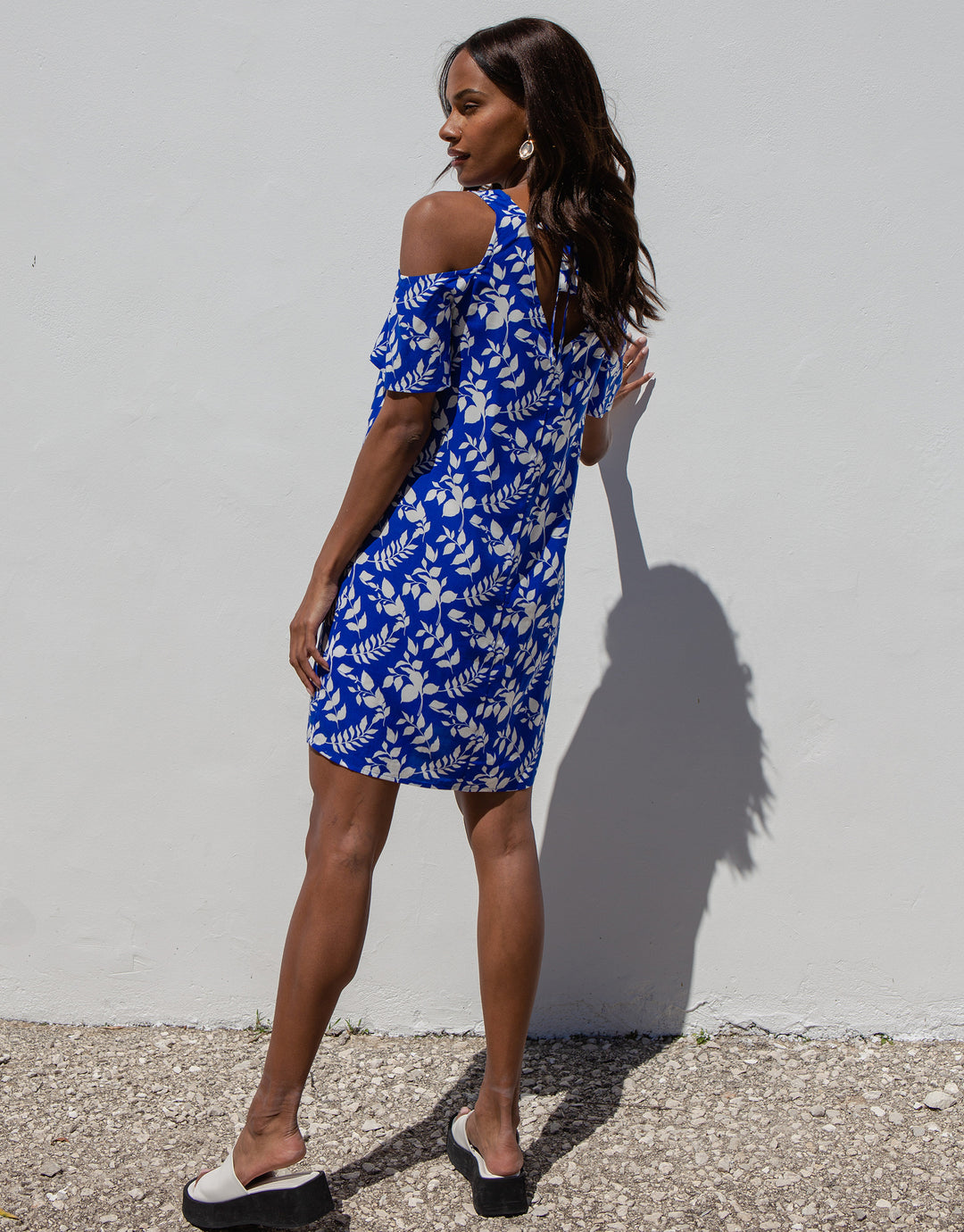 Blue Leaf Print Cold Shoulder Shift Dress