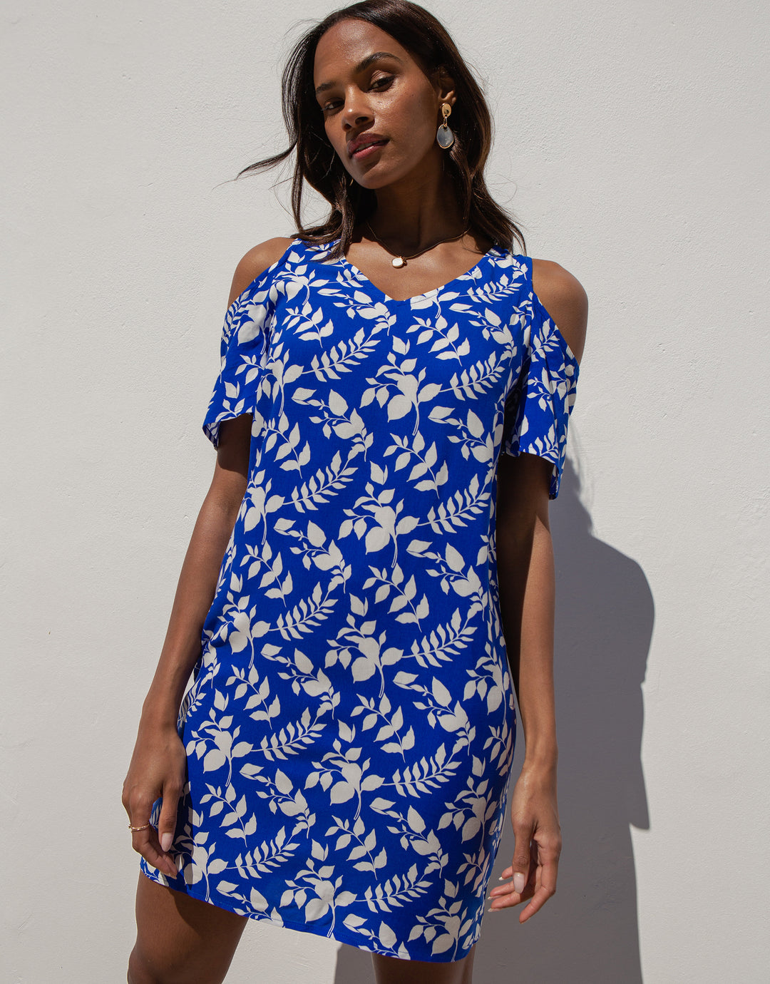 Blue Leaf Print Cold Shoulder Shift Dress