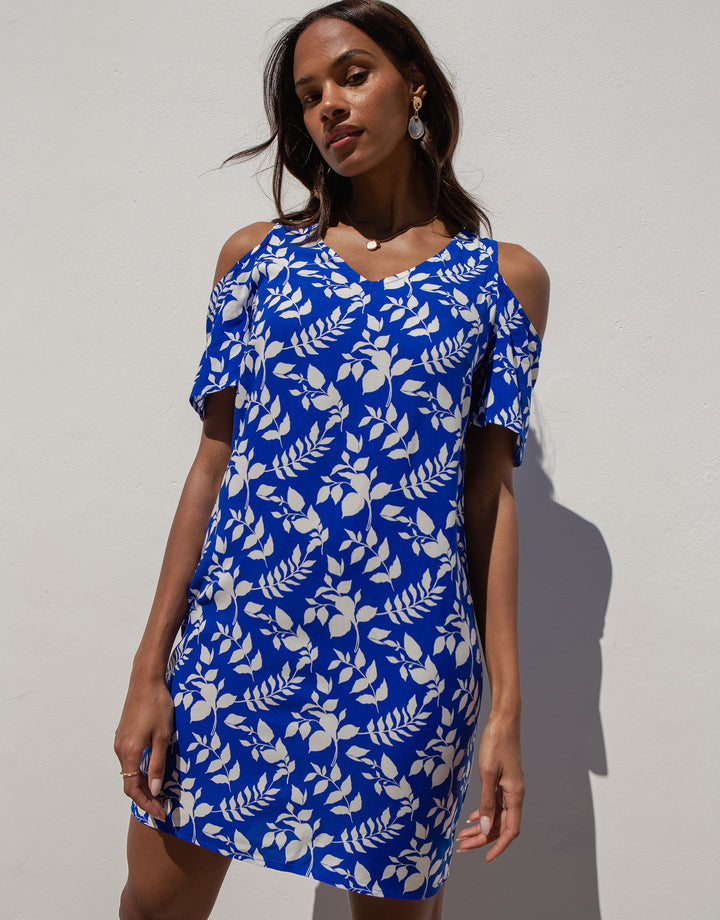 Blue Leaf Print Cold Shoulder Shift Dress