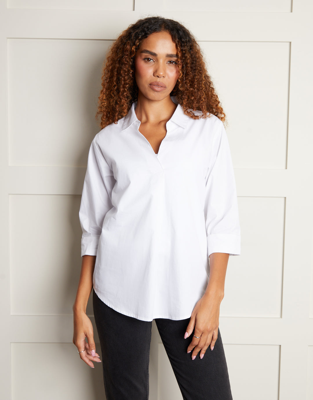 White Cotton Poplin V Neck Open Collar Shirt