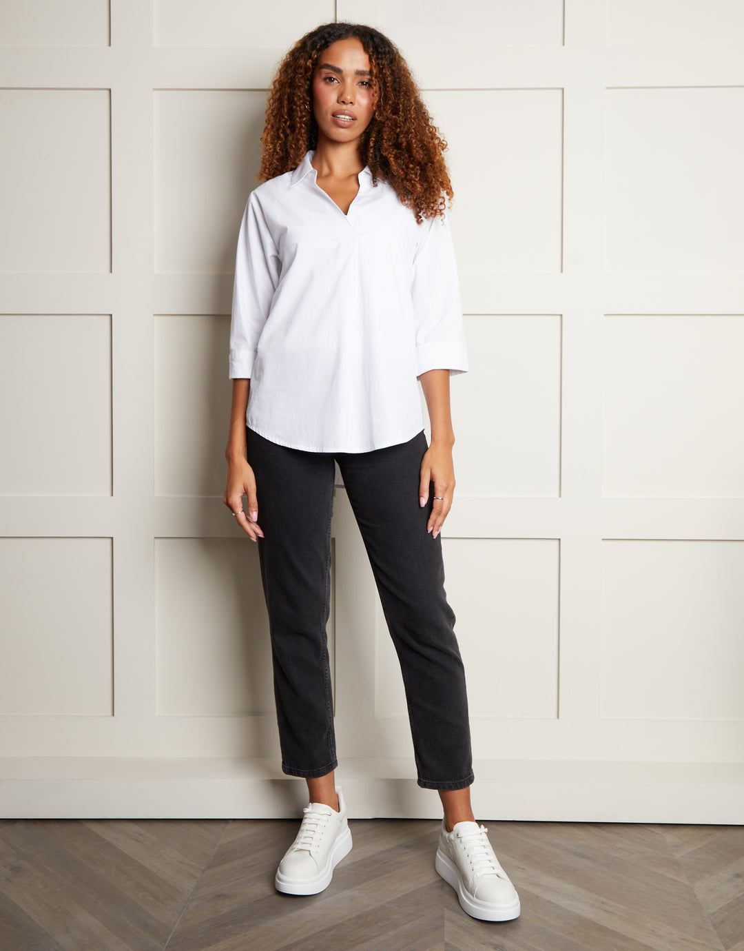 White Cotton Poplin V Neck Open Collar Shirt