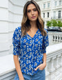 Blue Floral Print Short Sleeve Blouse
