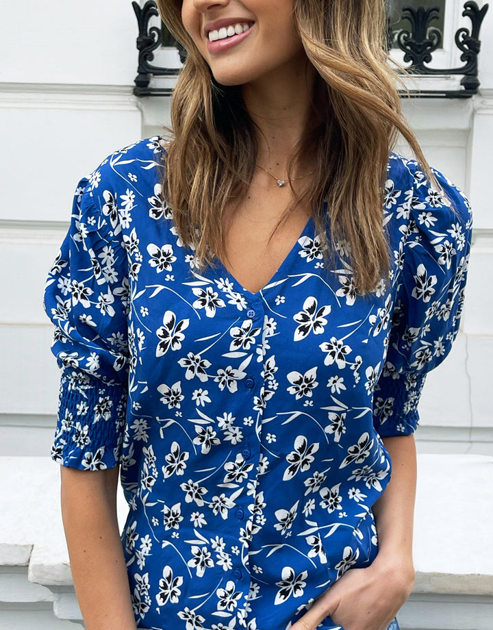 Blue Floral Print Short Sleeve Blouse