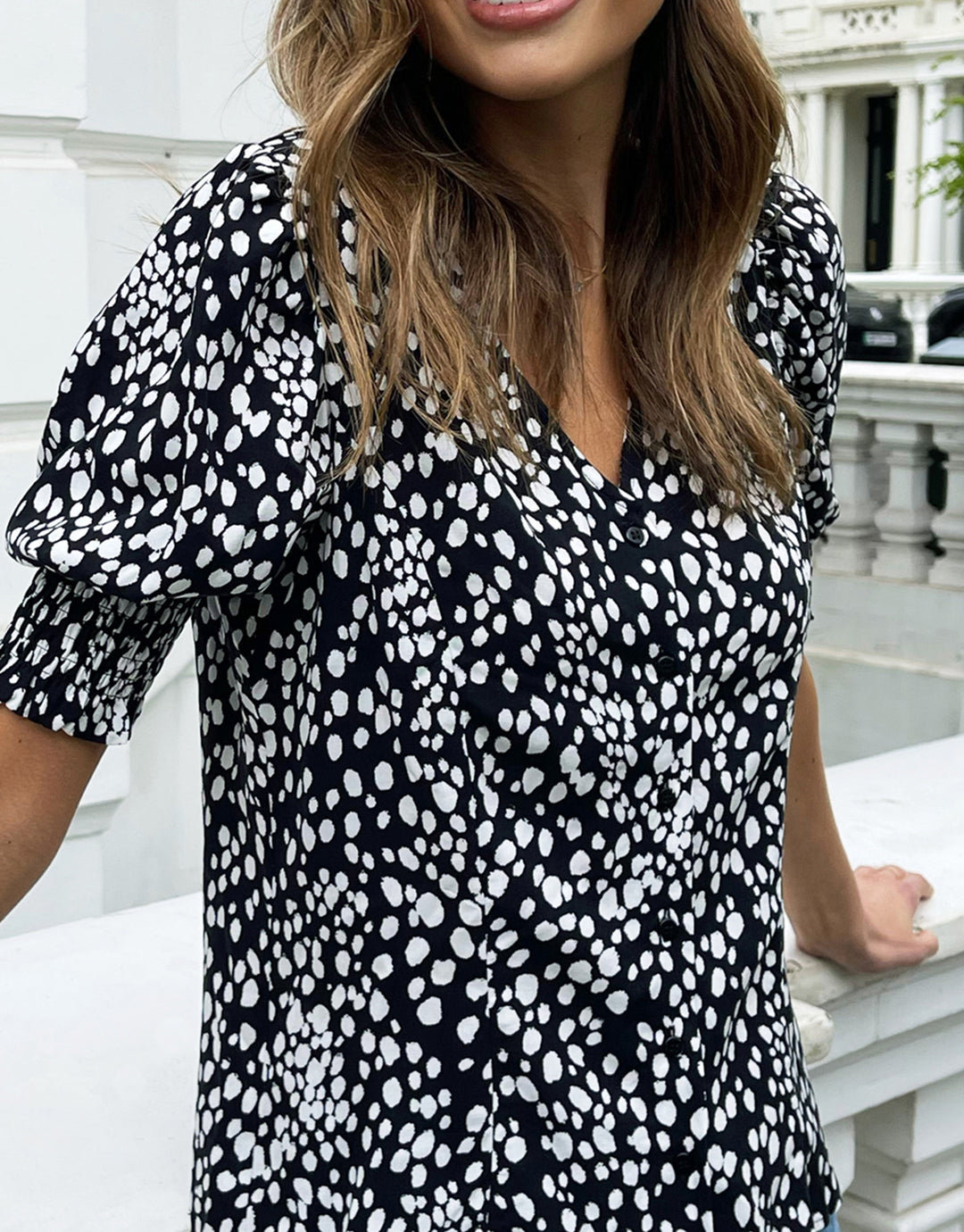 Black Abstract Dot Print Short Sleeve Blouse