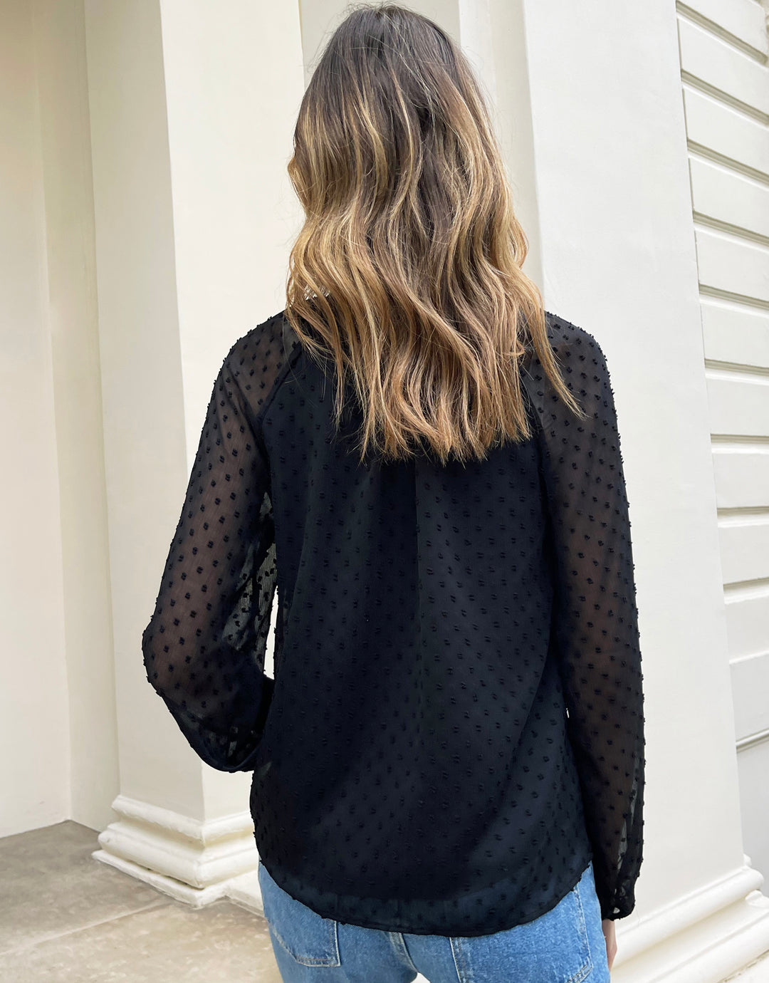 Threadbare Women’s Black Tie Collar Shirred Dobby Blouse