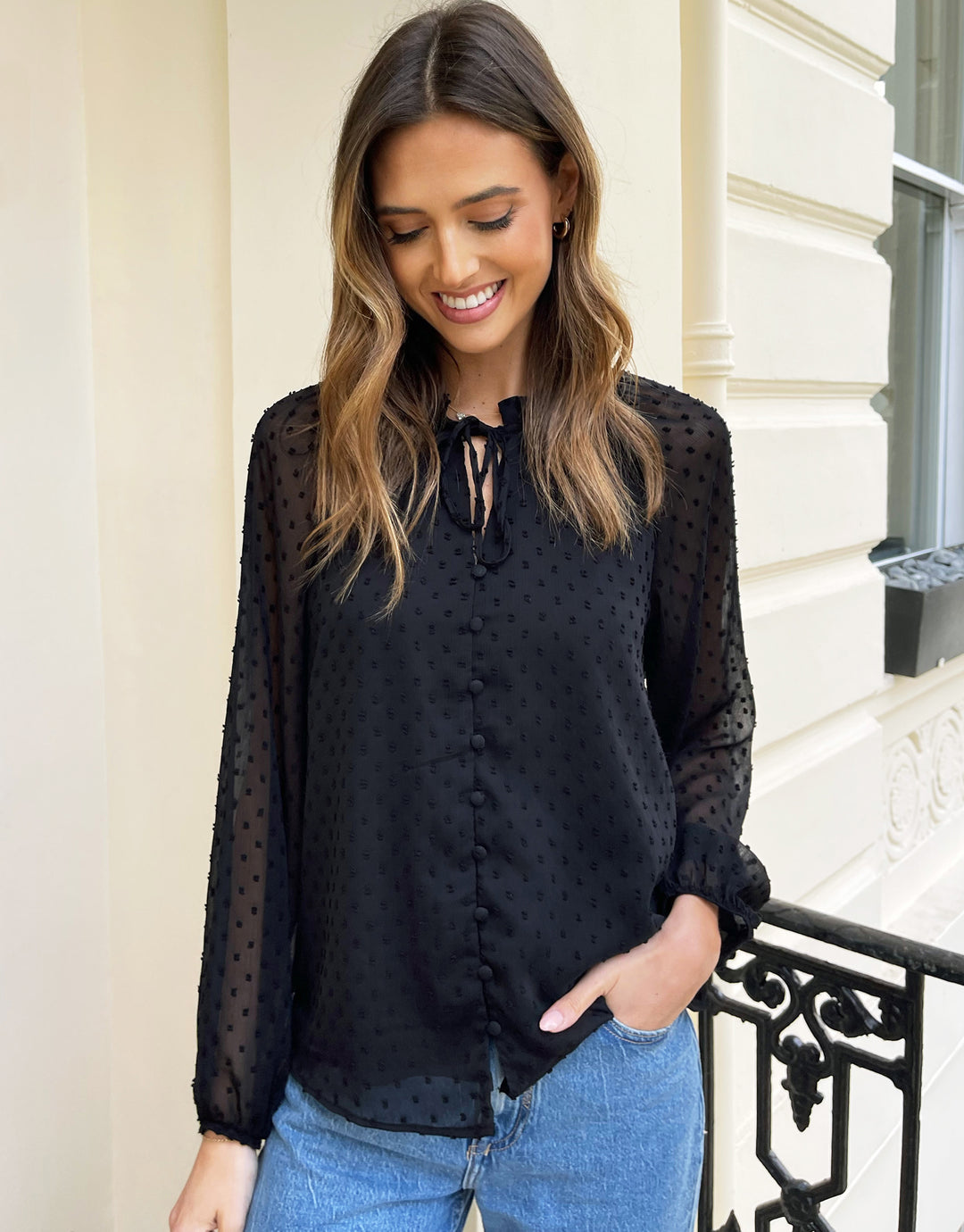 Threadbare Women’s Black Tie Collar Shirred Dobby Blouse