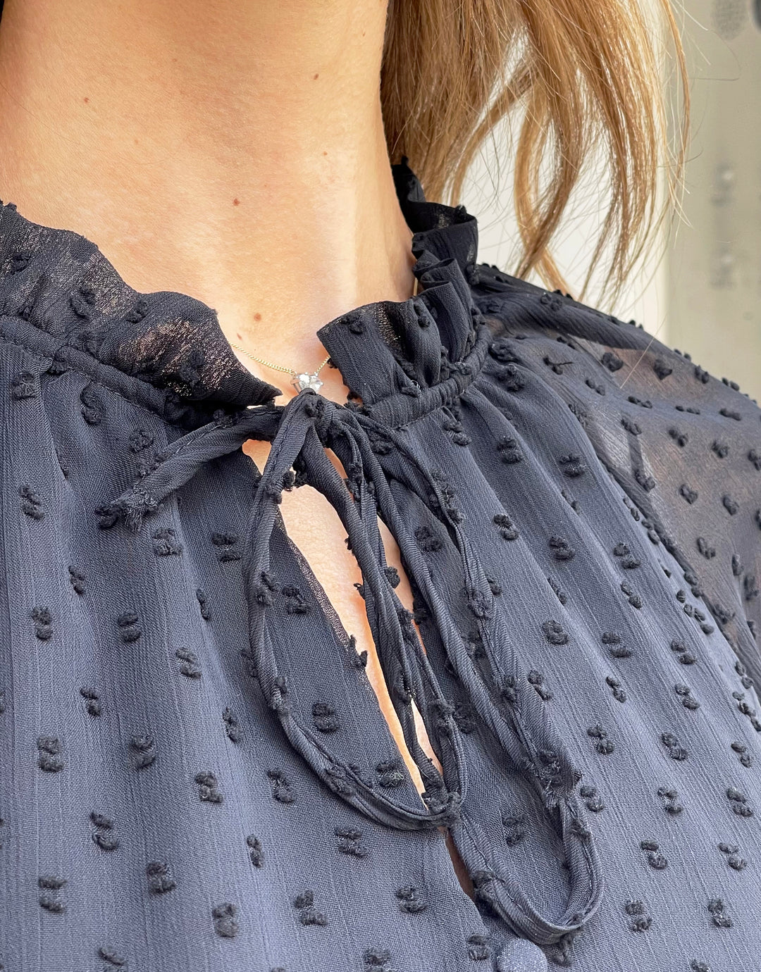 Threadbare Women’s Black Tie Collar Shirred Dobby Blouse