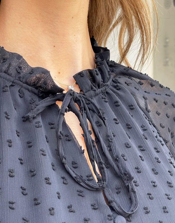 Threadbare Women’s Black Tie Collar Shirred Dobby Blouse