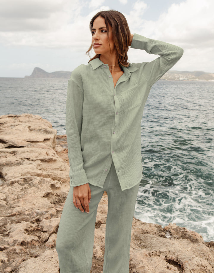 Green Long Sleeve Crinkle Cotton Shirt