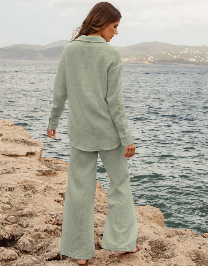 Green Long Sleeve Crinkle Cotton Shirt