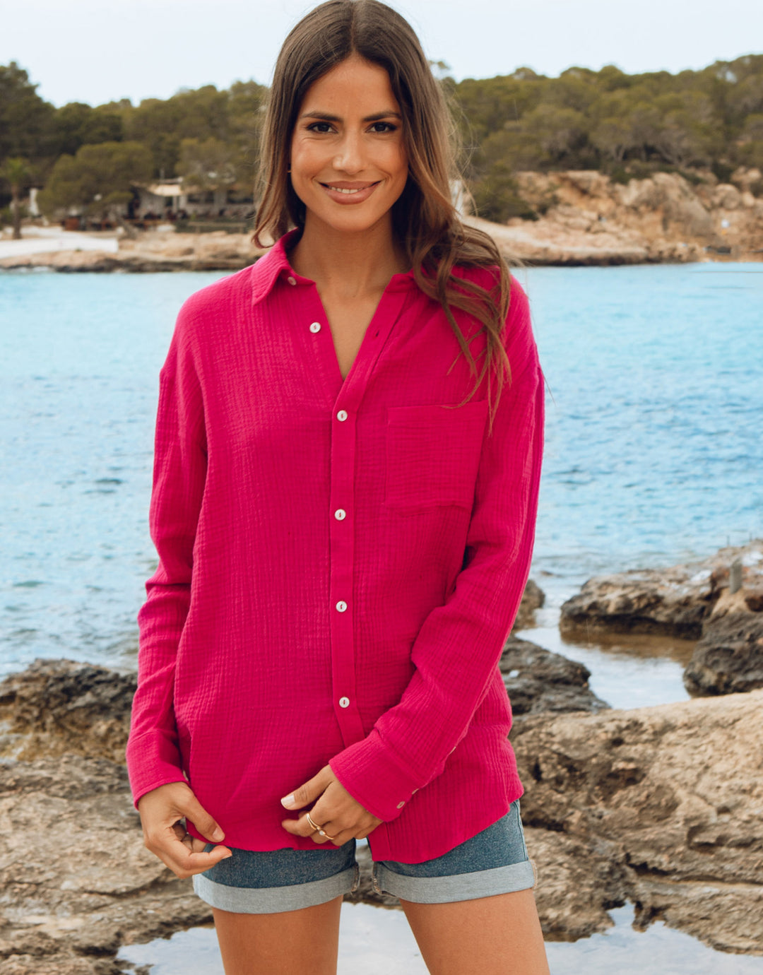 Pink Long Sleeve Crinkle Cotton Shirt
