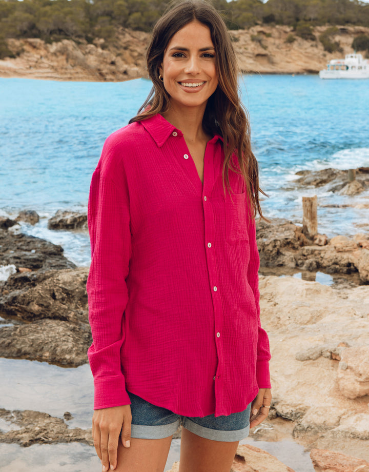 Pink Long Sleeve Crinkle Cotton Shirt