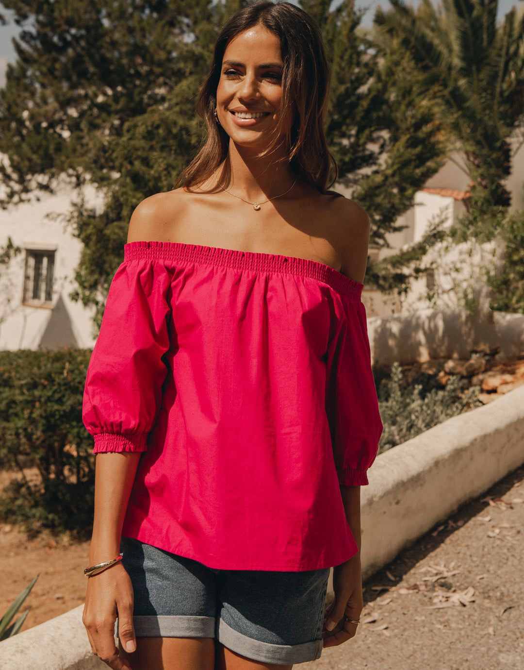 Pink Off the Shoulder Bardot Puff Sleeve Top