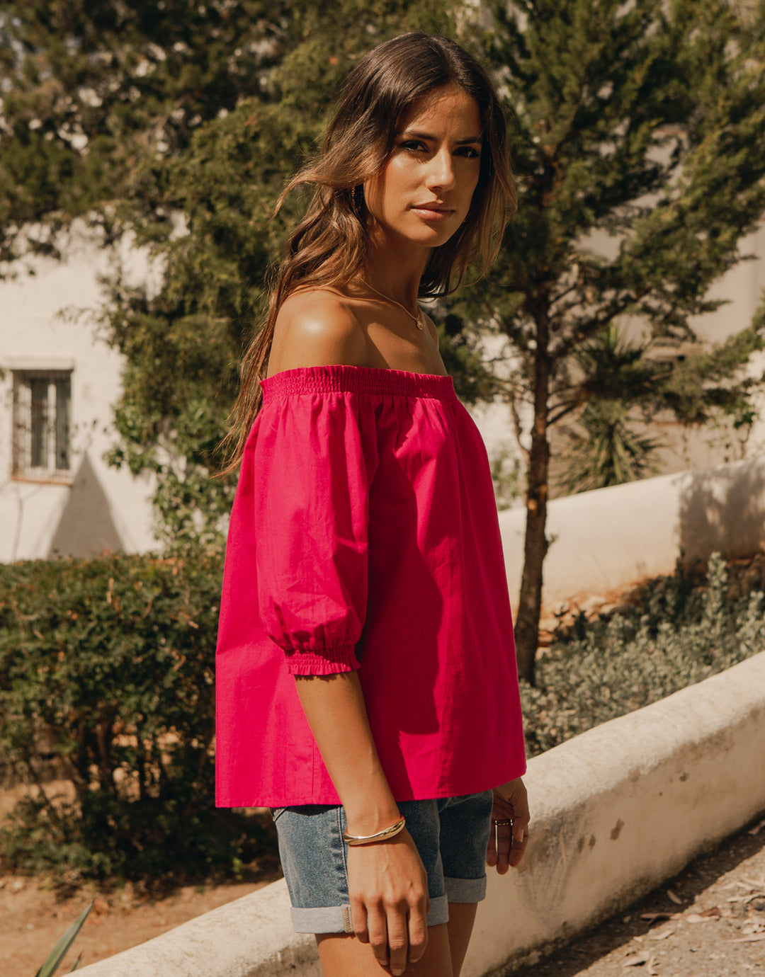 Pink Off the Shoulder Bardot Puff Sleeve Top