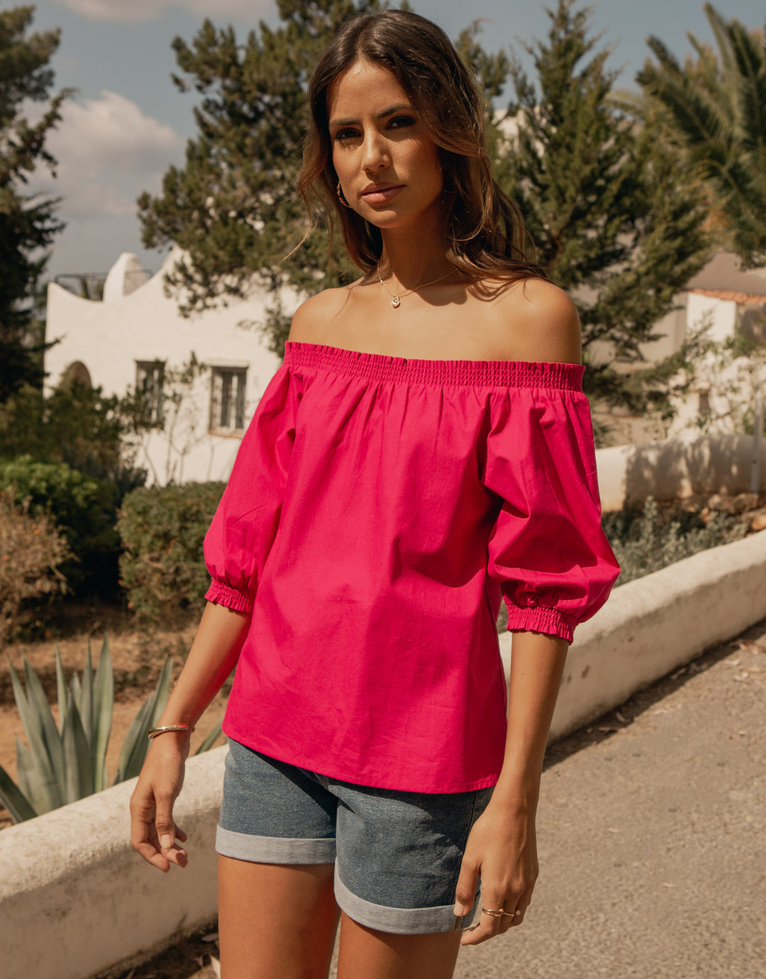 Pink Off the Shoulder Bardot Puff Sleeve Top