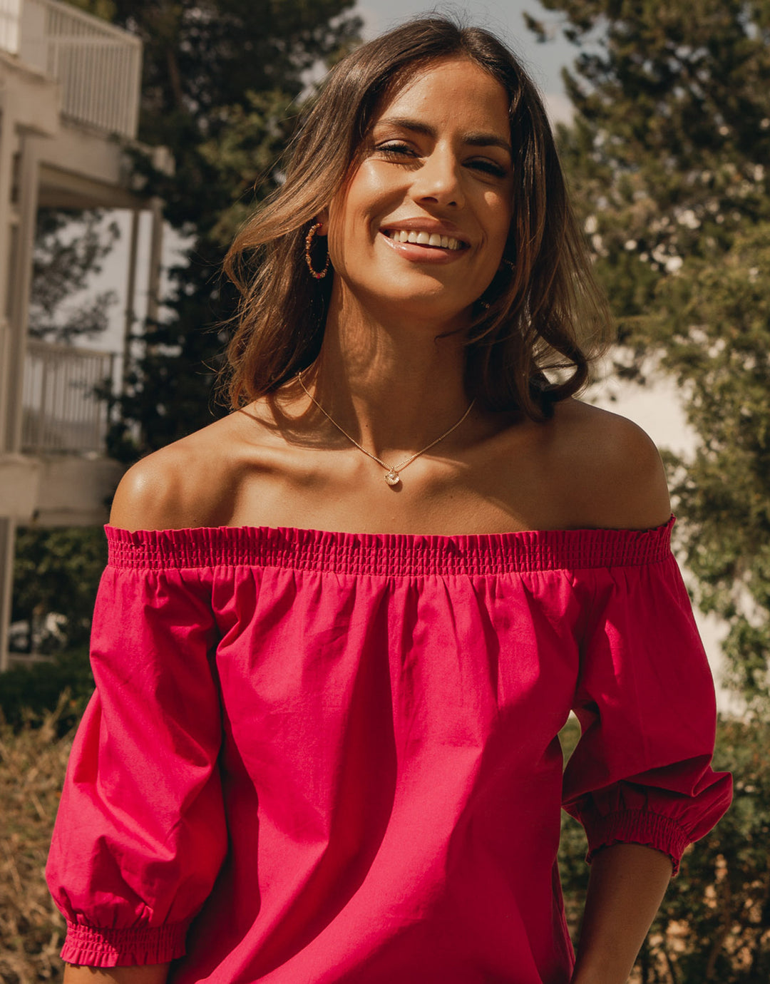 Pink Off the Shoulder Bardot Puff Sleeve Top