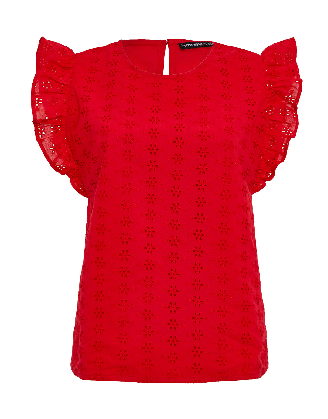 Red Cotton Broderie Anglaise Frill Sleeve Blouse