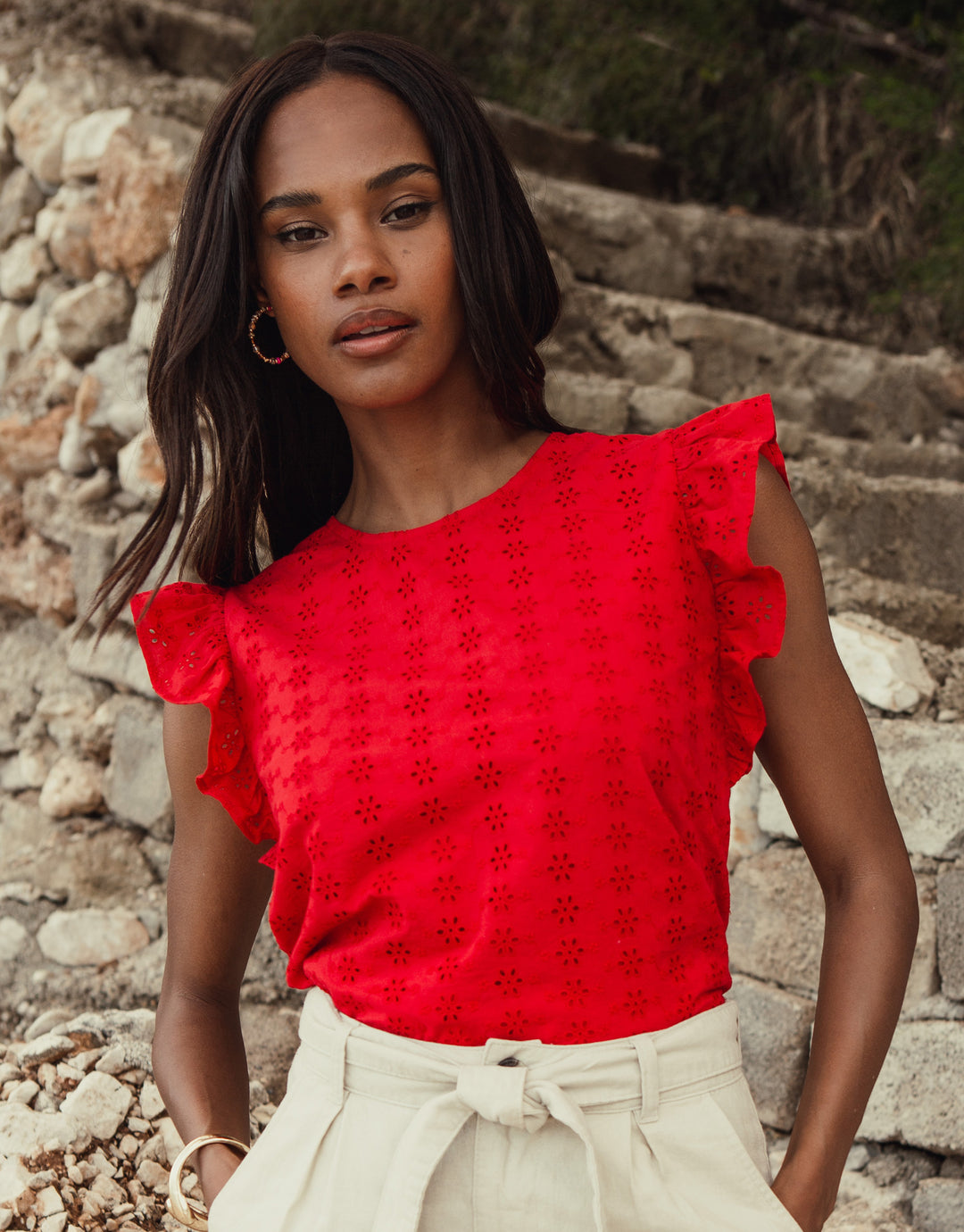 Red Cotton Broderie Anglaise Frill Sleeve Blouse