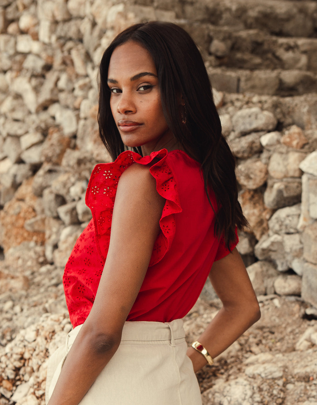 Red Cotton Broderie Anglaise Frill Sleeve Blouse