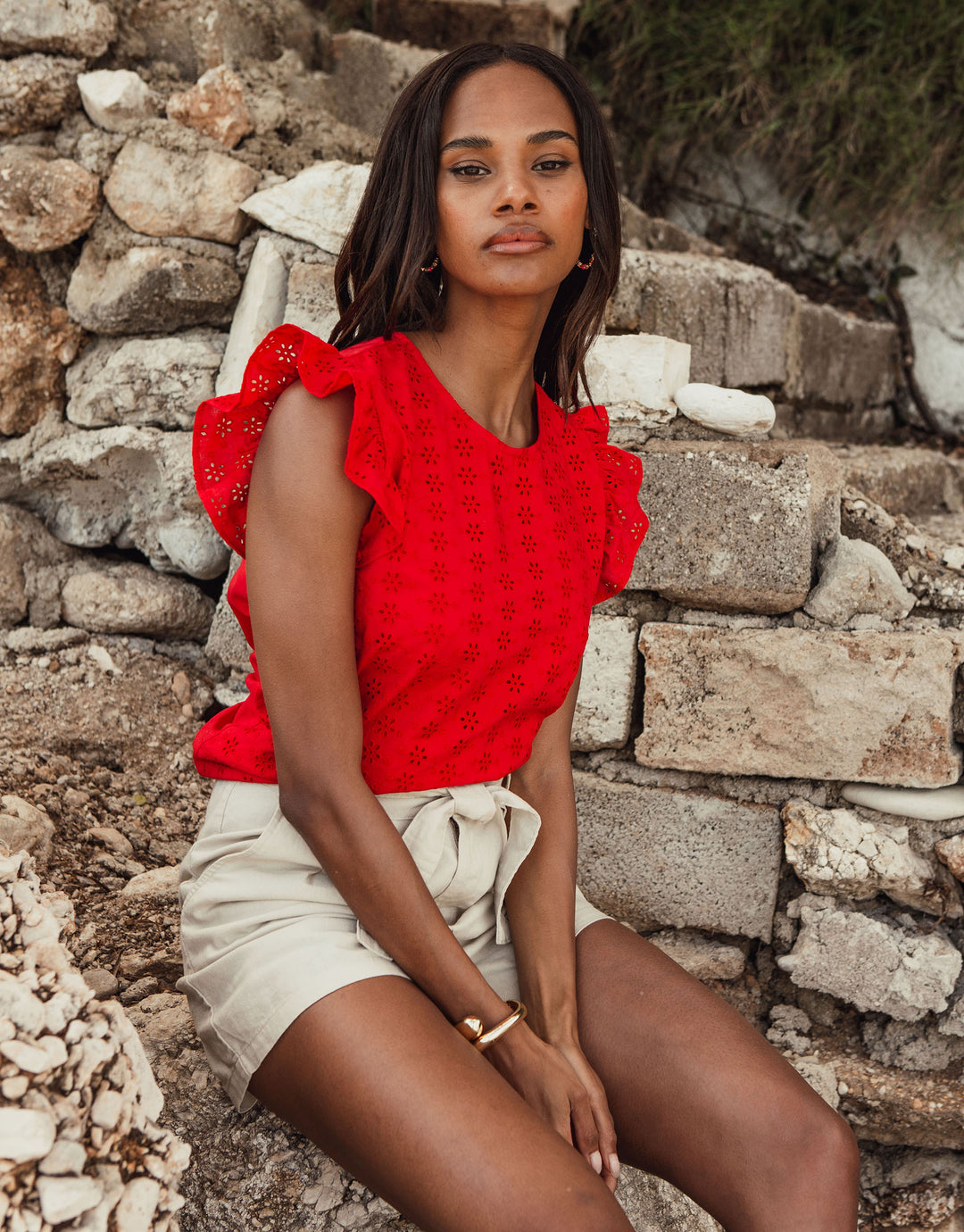 Red Cotton Broderie Anglaise Frill Sleeve Blouse