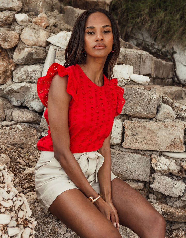 Red Cotton Broderie Anglaise Frill Sleeve Blouse