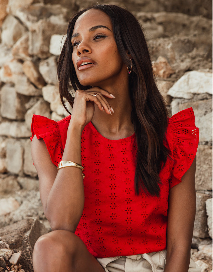 Red Cotton Broderie Anglaise Frill Sleeve Blouse