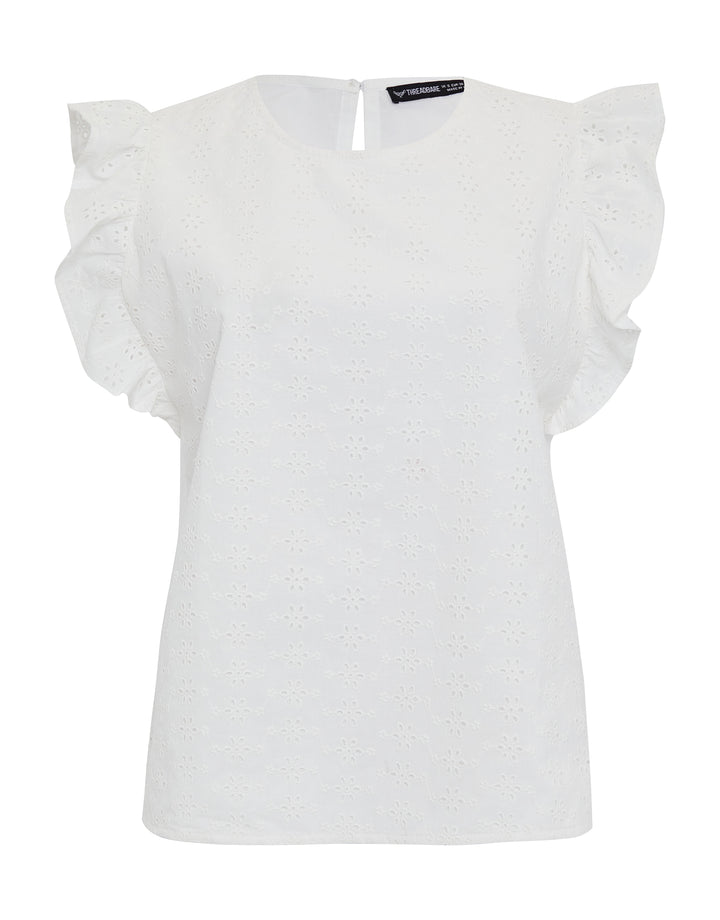 White Cotton Broderie Anglaise Frill Sleeve Blouse