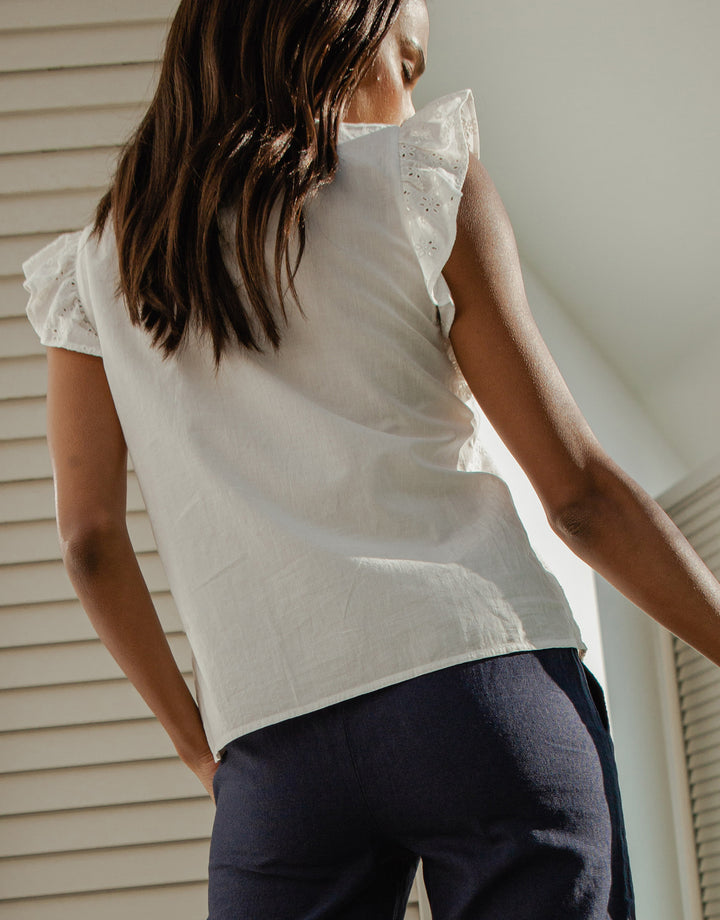 White Cotton Broderie Anglaise Frill Sleeve Blouse