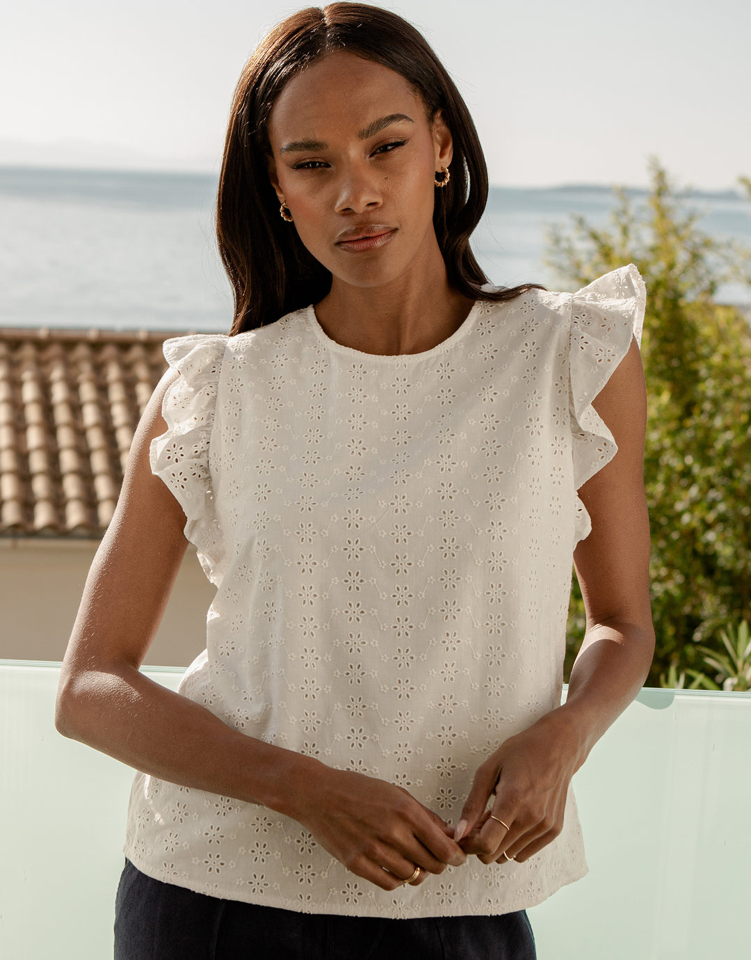 White Cotton Broderie Anglaise Frill Sleeve Blouse