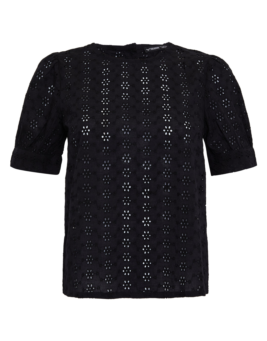 Black Cotton Broderie Anglaise Puff Sleeve Blouse