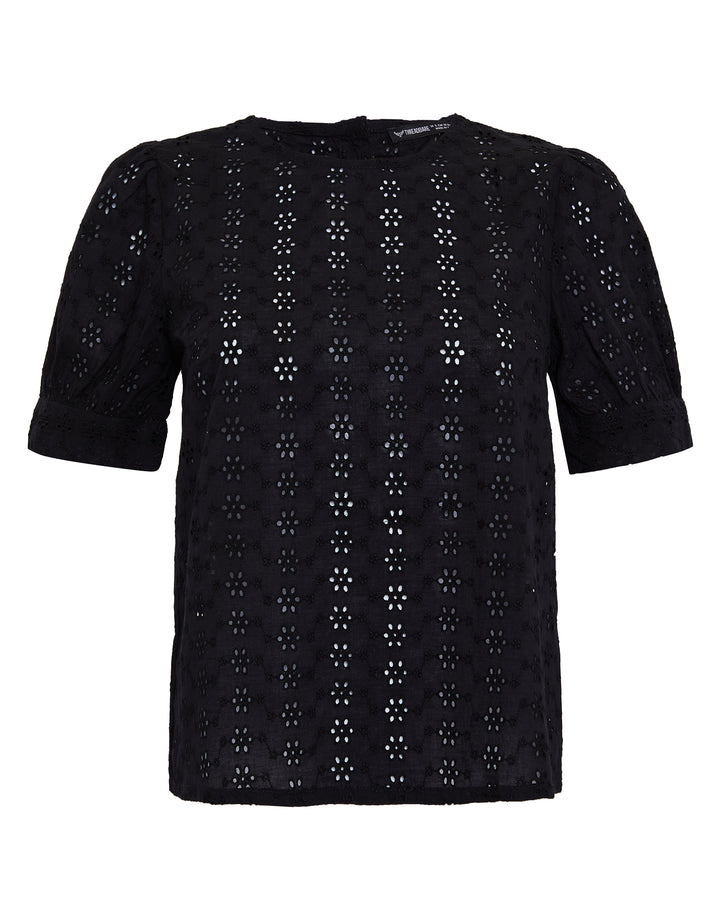 Black Cotton Broderie Anglaise Puff Sleeve Blouse