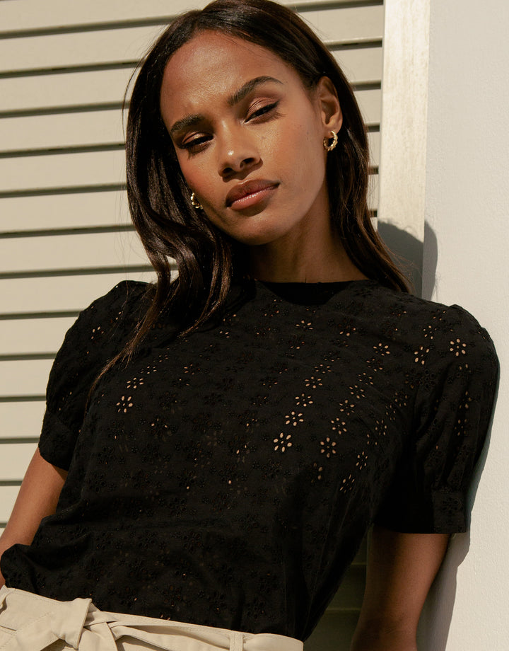 Black Cotton Broderie Anglaise Puff Sleeve Blouse
