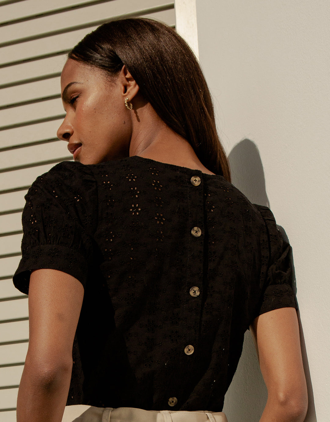 Black Cotton Broderie Anglaise Puff Sleeve Blouse