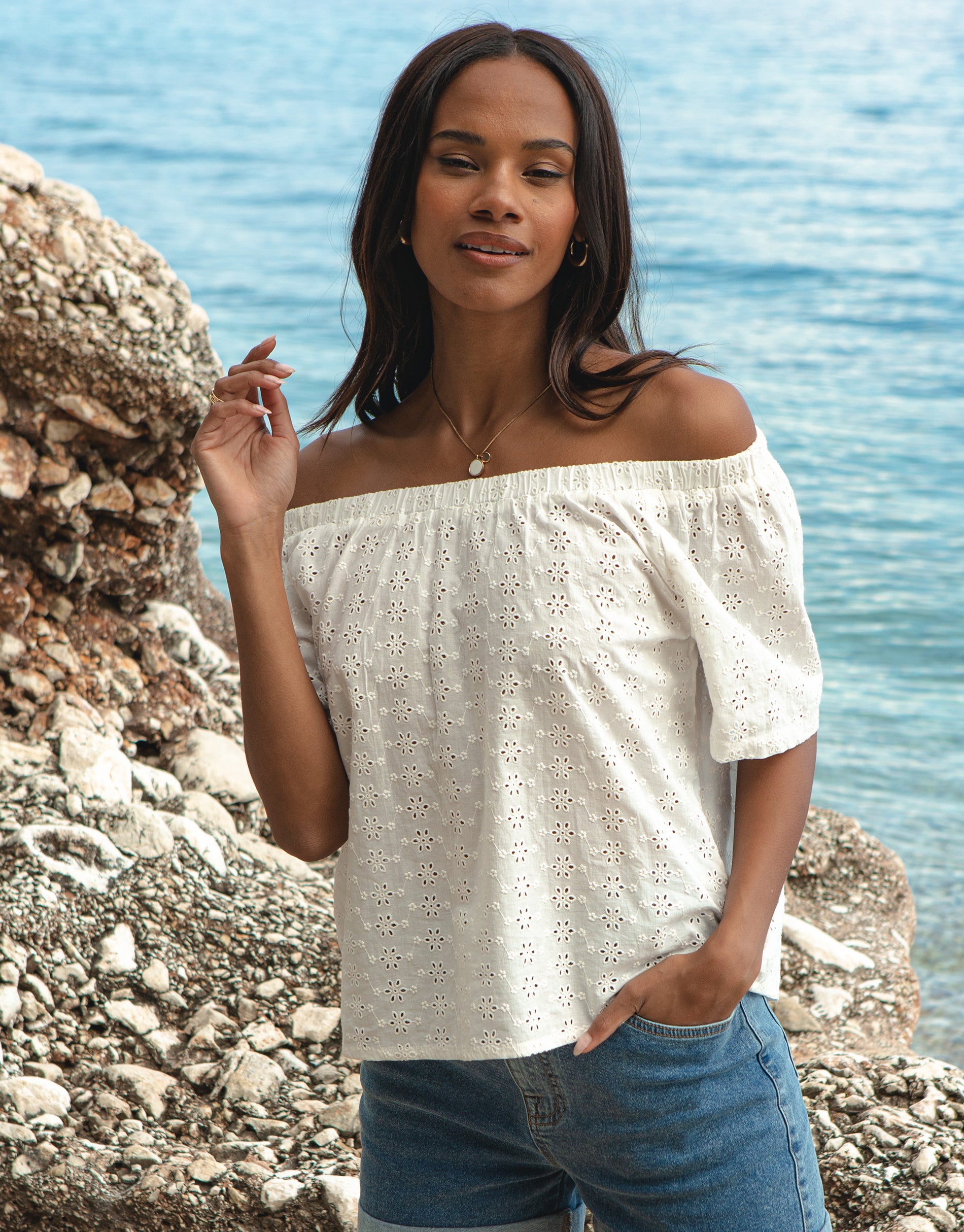 Off the shoulder shop white bardot top