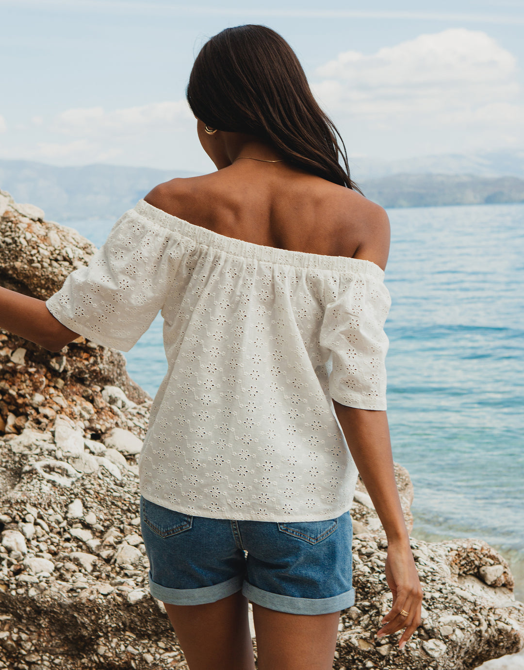 White Broderie Anglaise Off The Shoulder Bardot Top