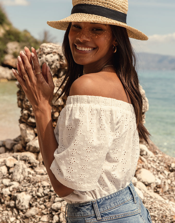 White Broderie Anglaise Off The Shoulder Bardot Top