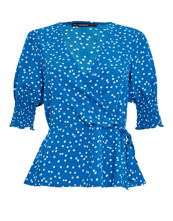 Blue Polka Dot Print Short Sleeve Wrap Blouse