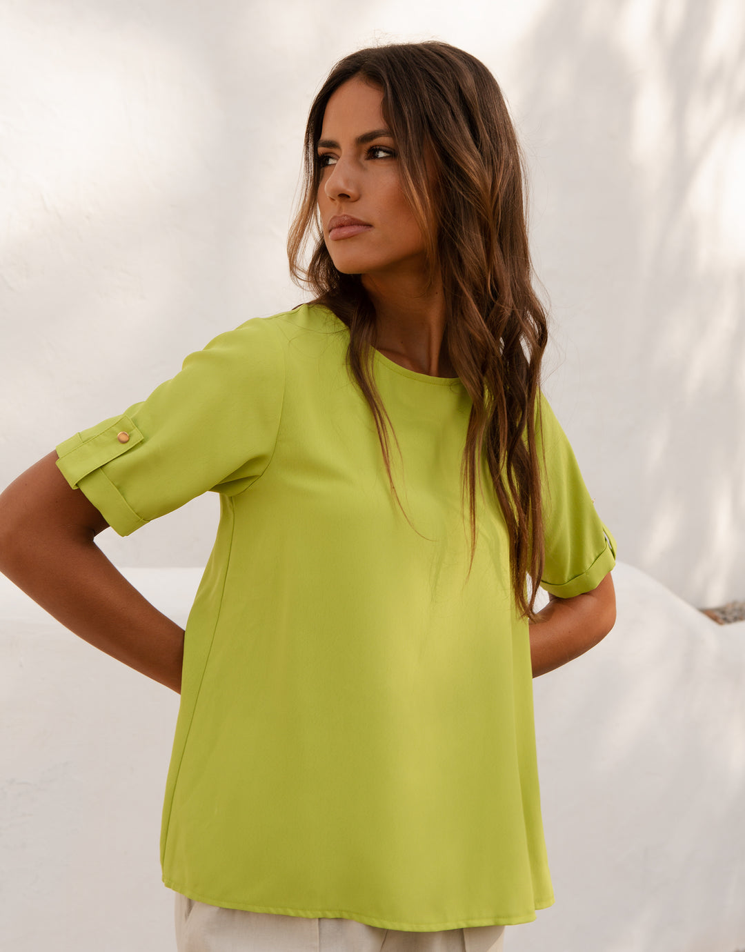Lime GreenShort Roll Sleeve T-Shirt Blouse