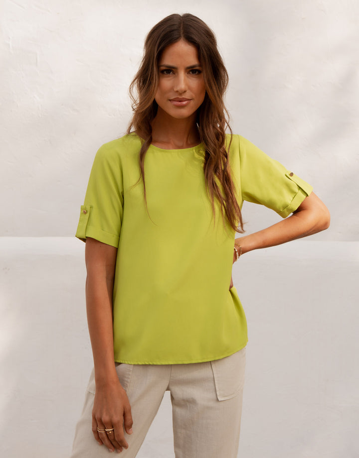 Lime GreenShort Roll Sleeve T-Shirt Blouse