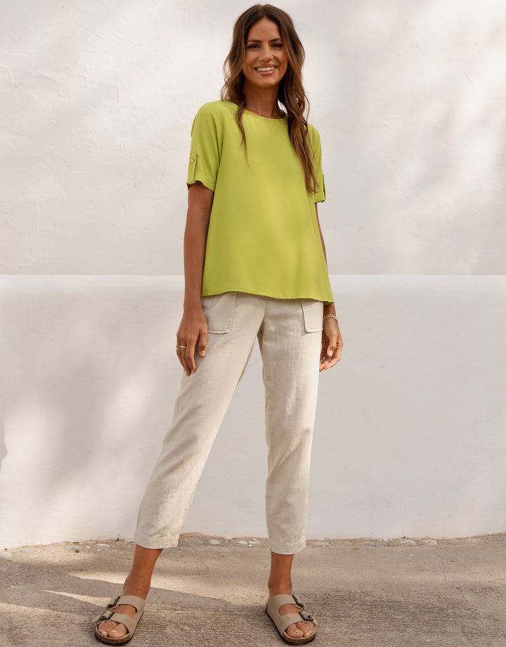 Lime GreenShort Roll Sleeve T-Shirt Blouse