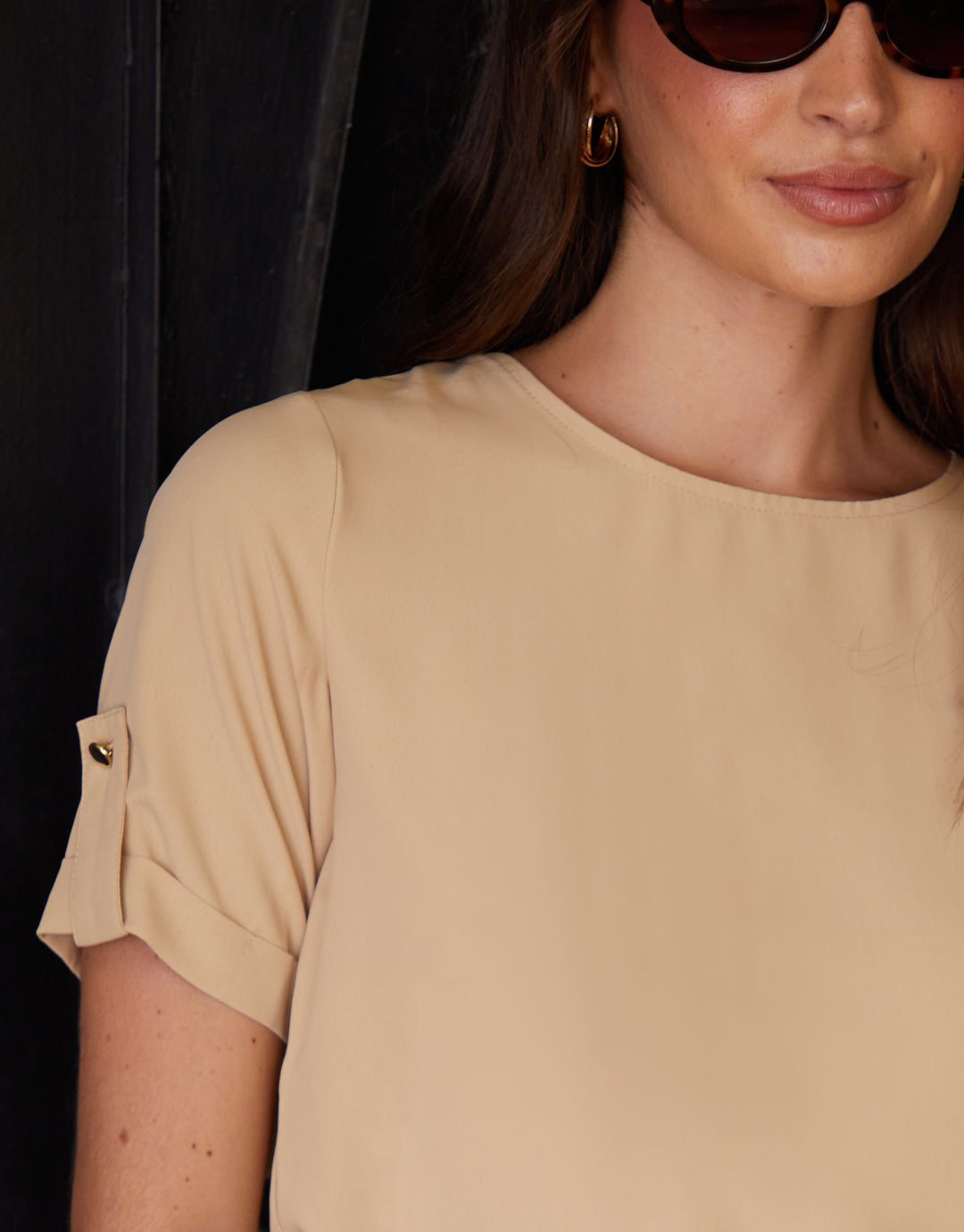 Short Roll Sleeve T-Shirt Blouse in Stone