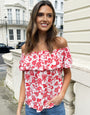 White & Red Floral Print Off The Shoulder Bardot Top