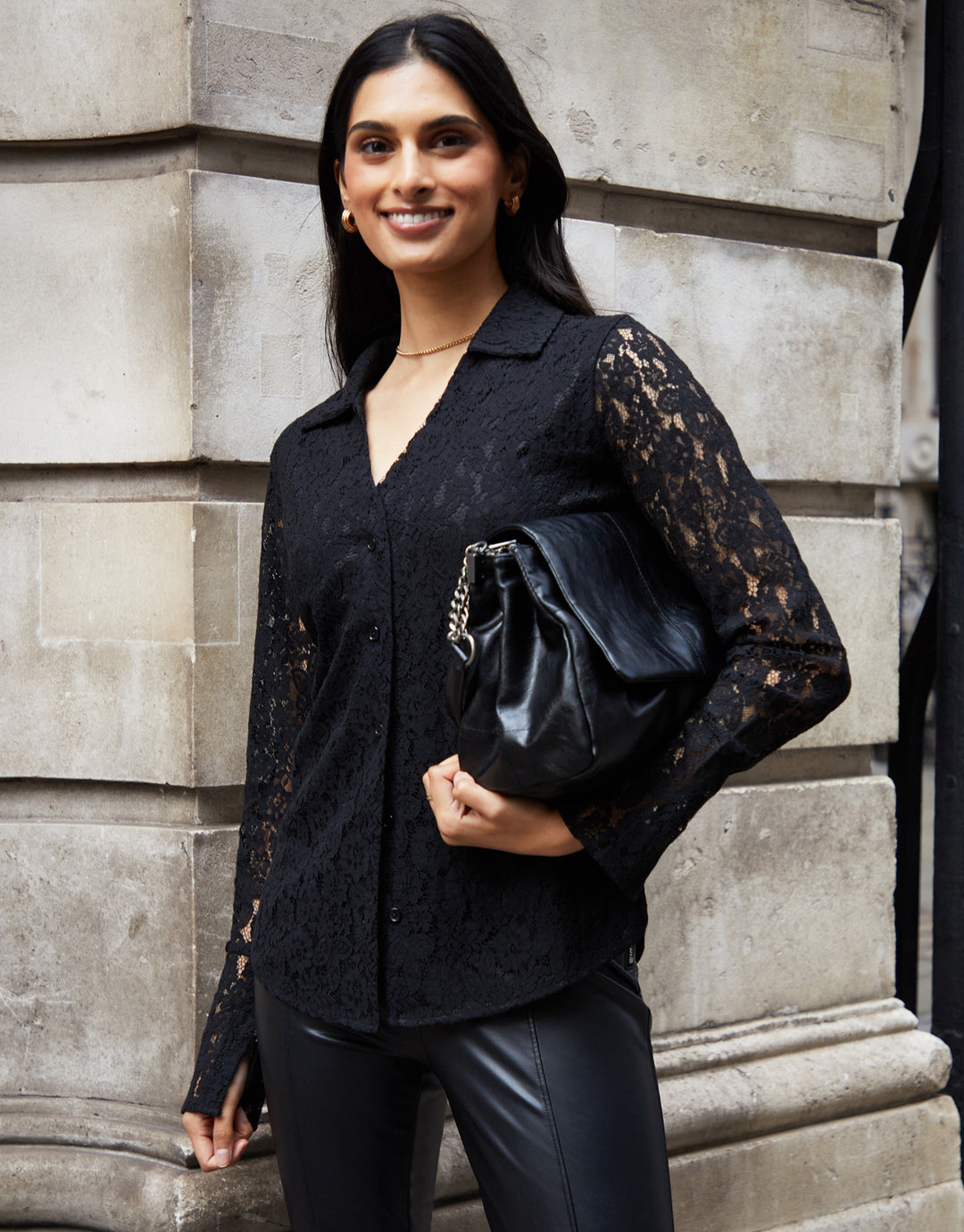 Black Lace Button Down Fitted Blouse