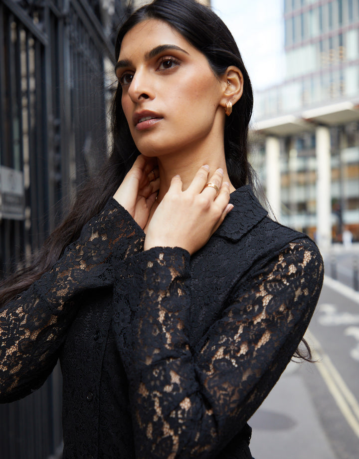 Black Lace Button Down Fitted Blouse